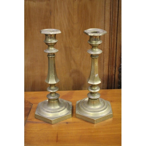59 - Pair of antique French brass candlesticks, each approx 26cm H