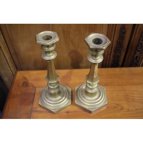 59 - Pair of antique French brass candlesticks, each approx 26cm H