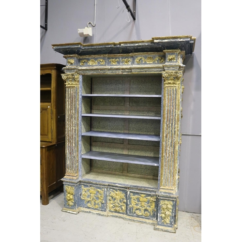 280 - Impressive antique 18th century Italian baroque open bookcase, of architectural form, applied all ov... 