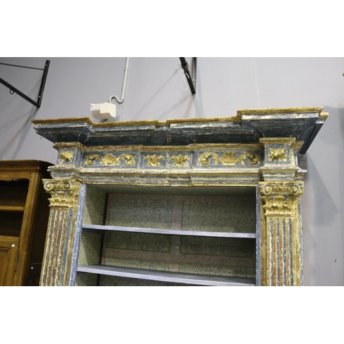 280 - Impressive antique 18th century Italian baroque open bookcase, of architectural form, applied all ov... 