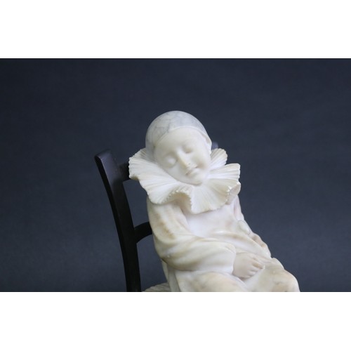 168 - Antique Italian carved alabaster child dressed as pierrot on bronze chair, approx 21cm H