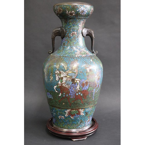 116 - Chinese cloisonné bronze baluster vase, with elephant trunk handles, on later wooden stand, approx 5... 