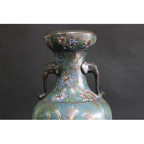 116 - Chinese cloisonné bronze baluster vase, with elephant trunk handles, on later wooden stand, approx 5... 