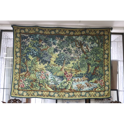 248 - Vintage French needlework tapestry, showing water side scene, of green ground, approx 123cm x 170cm
