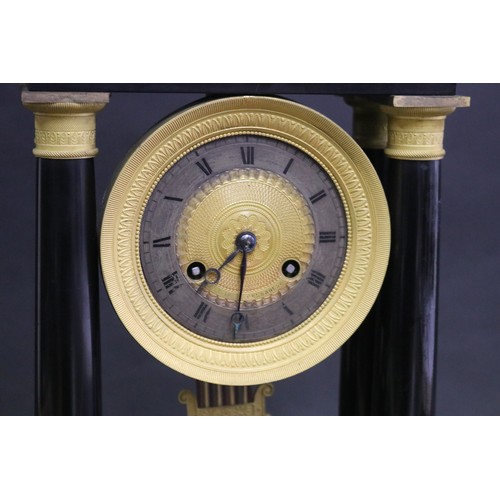 159 - Fine antique French Napoleon III black slate portico mantle clock, has pendulum and has key (in offi... 