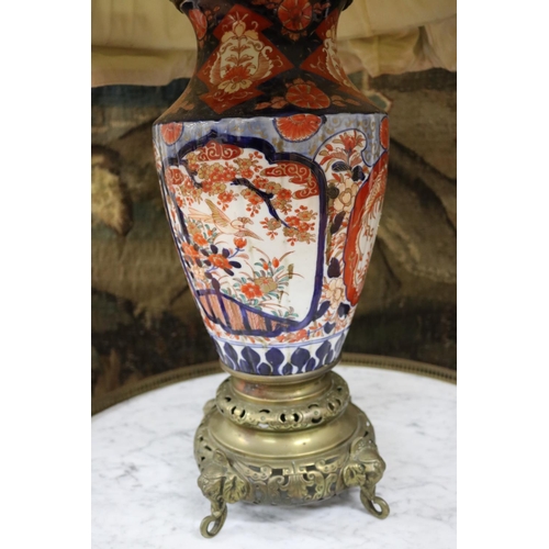 282 - Large antique imari porcelain vase with French pierced brass mounts & large shade, approx 103cm H