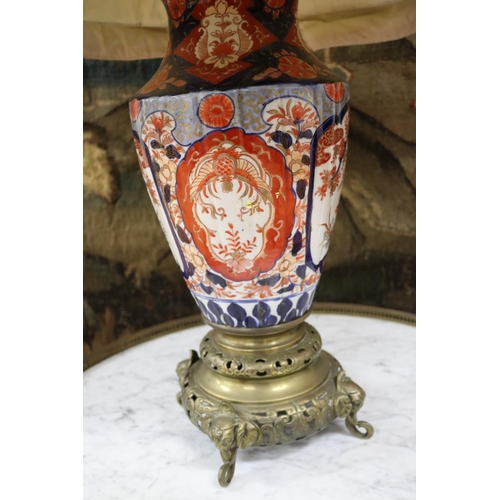 282 - Large antique imari porcelain vase with French pierced brass mounts & large shade, approx 103cm H