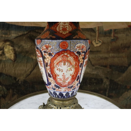 282 - Large antique imari porcelain vase with French pierced brass mounts & large shade, approx 103cm H