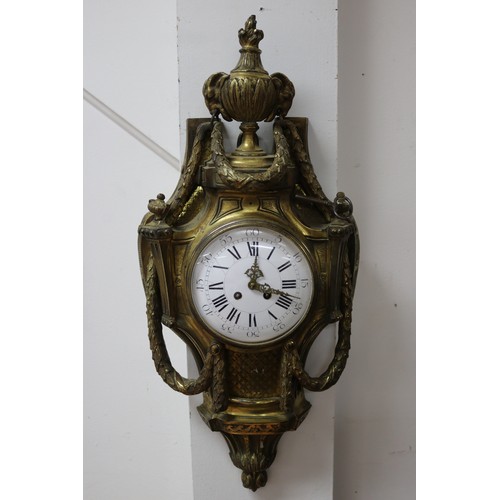 283 - Antique French Louis XVI style revival cartel gilt bronze wall clock, has key and pendulum (in offic... 