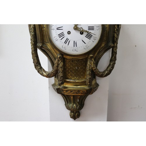 283 - Antique French Louis XVI style revival cartel gilt bronze wall clock, has key and pendulum (in offic... 