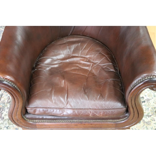 291 - Antique 19th century lyre shape studded leather library armchair, standing on sectional tapering fro... 