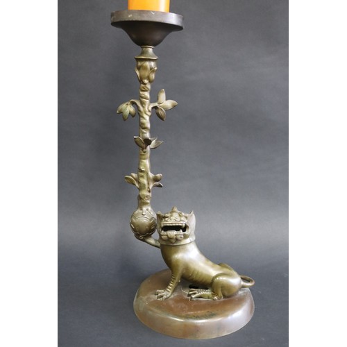 144 - Antique Oriental export finely cast bronze figural candlestick of a dog of fo, with candle, approx 4... 