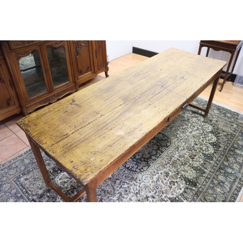 213 - Antique French rustic farmhouse table, with three drawers, approx 72cm H x 198cm L x 69cm W
