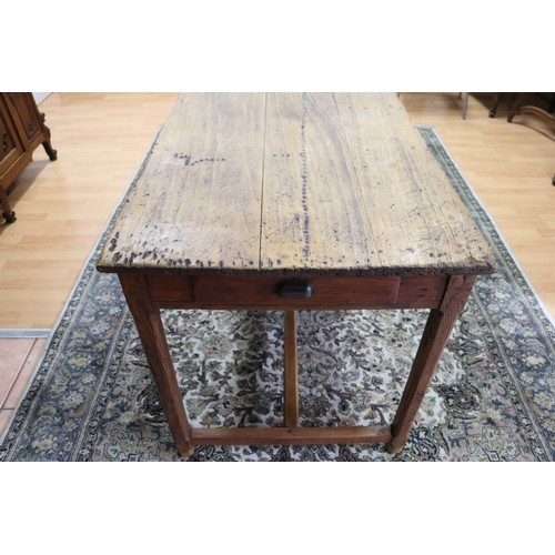 213 - Antique French rustic farmhouse table, with three drawers, approx 72cm H x 198cm L x 69cm W