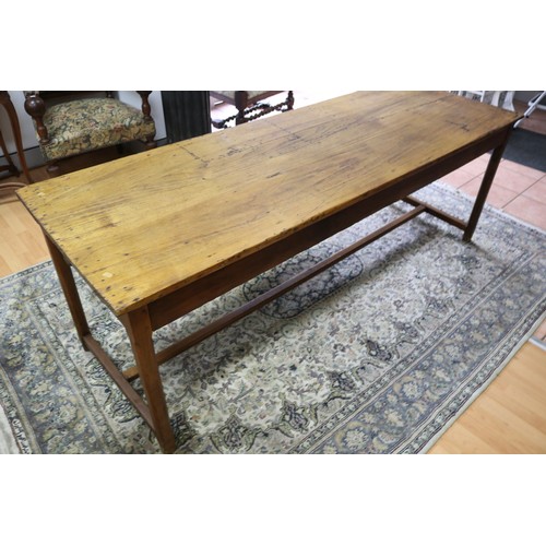 213 - Antique French rustic farmhouse table, with three drawers, approx 72cm H x 198cm L x 69cm W