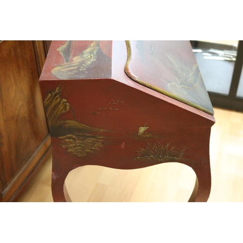 59 - Antique French red lacquer chinoiserie bureau desk, approx 90cm H x 67cm W x 45cm D