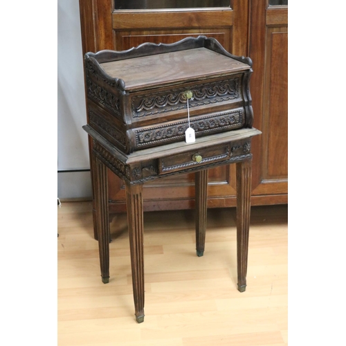 66 - Antique French unusual carved walnut nightstand, standing on square tapering fluted legs, approx 80c... 
