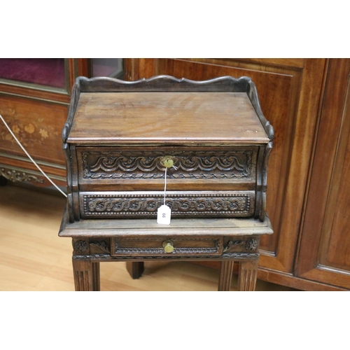 66 - Antique French unusual carved walnut nightstand, standing on square tapering fluted legs, approx 80c... 