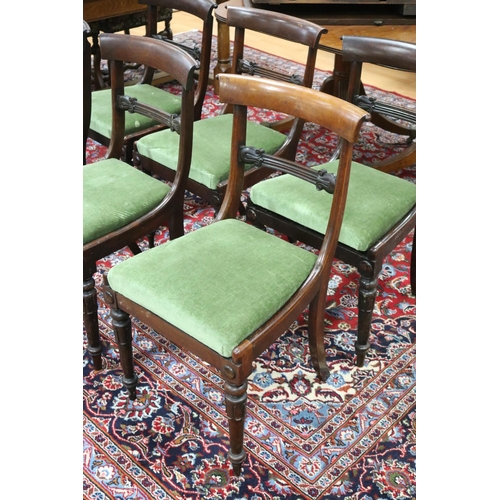 286 - Set of six antique English rosewood William IV period dining chairs, green velour drop on seats (6)