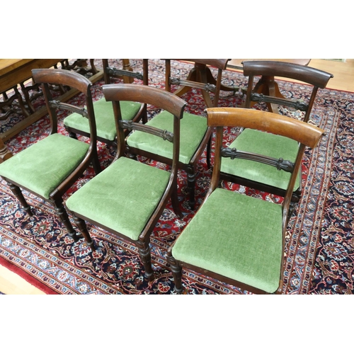 286 - Set of six antique English rosewood William IV period dining chairs, green velour drop on seats (6)