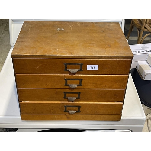 173 - Vintage small size four drawer filing drawers with contents, to include precision tools