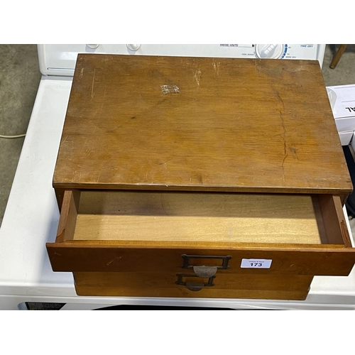 173 - Vintage small size four drawer filing drawers with contents, to include precision tools