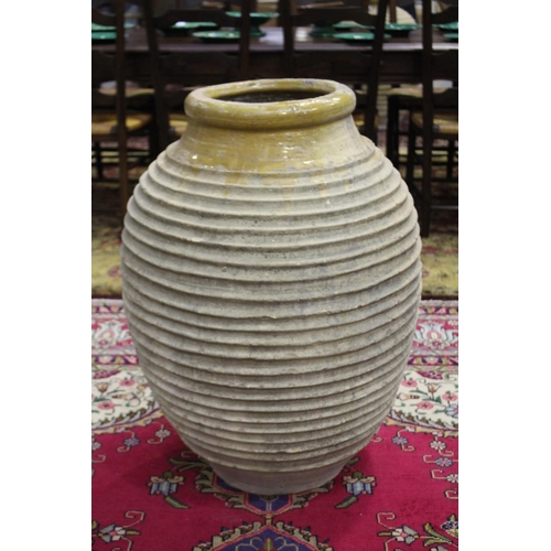 303 - Large antique French terracotta rope coil design jar, approx 86cm H x 59cm Dia