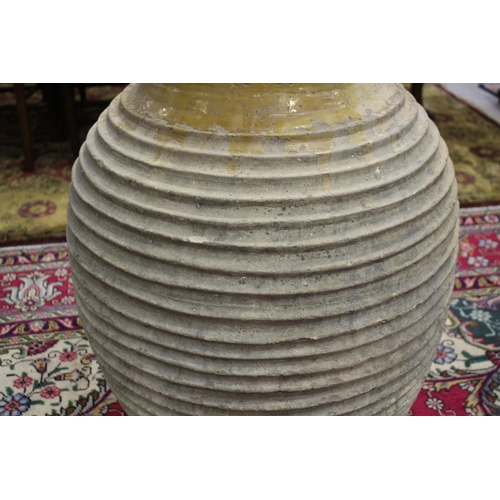 303 - Large antique French terracotta rope coil design jar, approx 86cm H x 59cm Dia