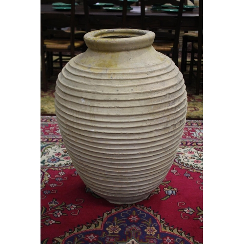 305 - Large antique French terracotta rope coil design jar, approx 87cm H x 57cm Dia