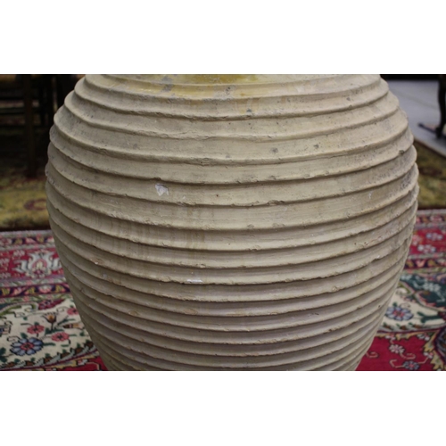 305 - Large antique French terracotta rope coil design jar, approx 87cm H x 57cm Dia