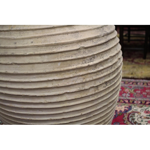 305 - Large antique French terracotta rope coil design jar, approx 87cm H x 57cm Dia