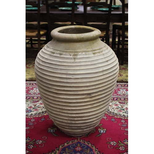 306 - Large antique French terracotta rope coil design jar, approx 88cm H x 62cm Dia