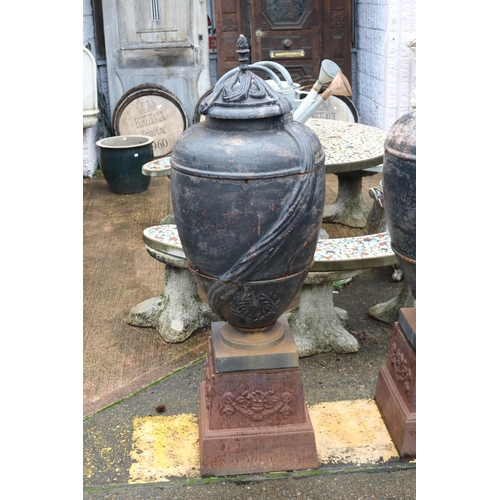 265 - Most impressive antique French cast iron garden urns with lids, standing on pedestal bases, each app... 