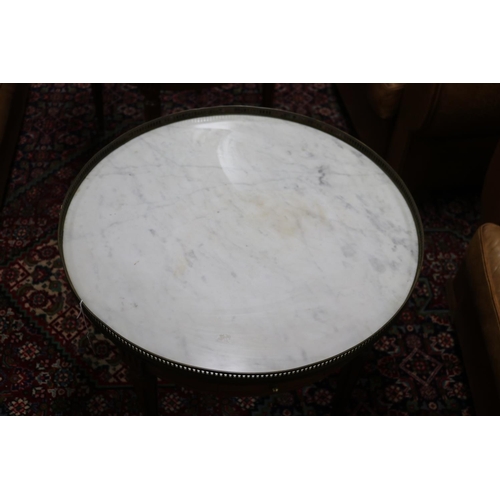 112 - French circular marble topped briolette table, approx 52cm H x 65cm Dia