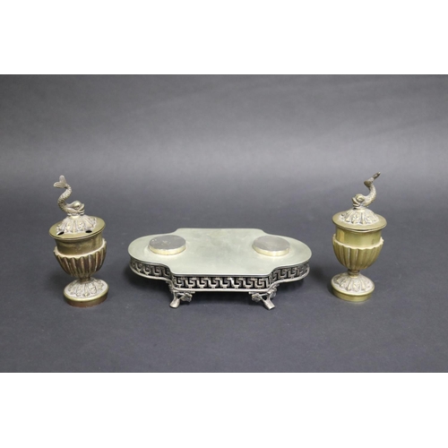 170 - Antique Spanish double pot inkstand with figural dolphin finials to lids, impressed marks to base, L... 
