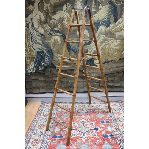 318 - Antique French faux bamboo library ladder, high, brass chain link, approx 195cm H x 52cm W (at base)