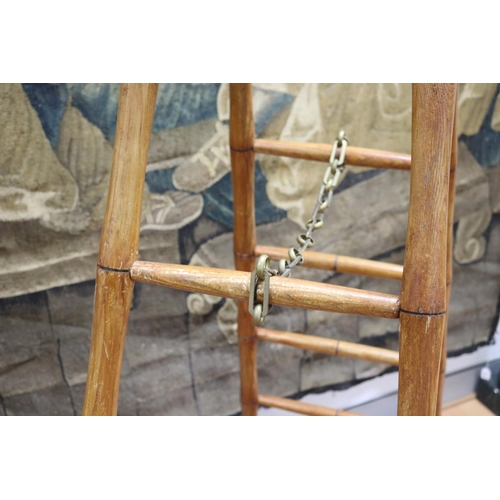 318 - Antique French faux bamboo library ladder, high, brass chain link, approx 195cm H x 52cm W (at base)