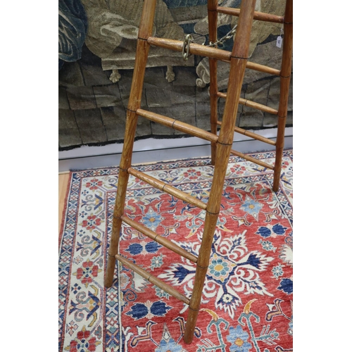 318 - Antique French faux bamboo library ladder, high, brass chain link, approx 195cm H x 52cm W (at base)