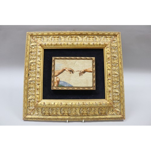 322 - Italian micro mosaic of Michelangelo's Creation of Adam, label verso, approx 14cm x 18cm