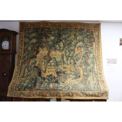 228 - Large French painted tapestry, approx 210cm x 222cm