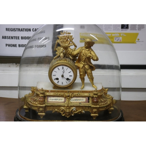 243 - Antique French figural mantle clock under glass dome, has key and pendulum (in office C139.102), unk... 