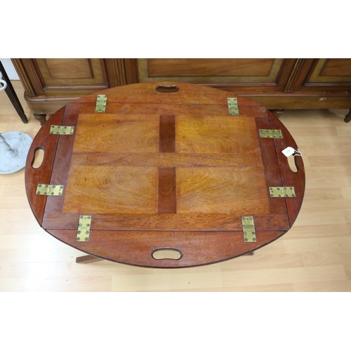113 - English Georgian revival butlers tray on folding stand, approx 56cm H x 76cm W x 51cm D (with sides ... 