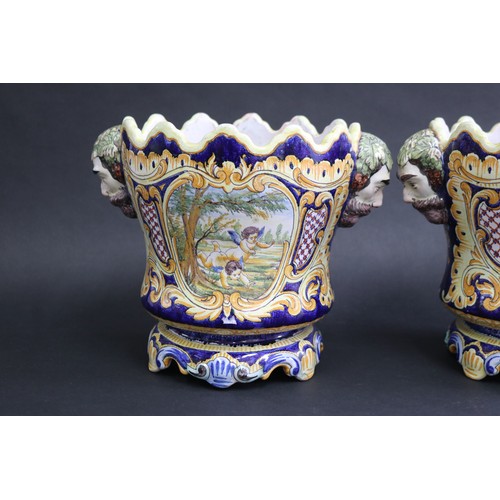 147 - Pair of antique French Faience glazed pottery jardiniere cache pots, decorated with panels of putti ... 