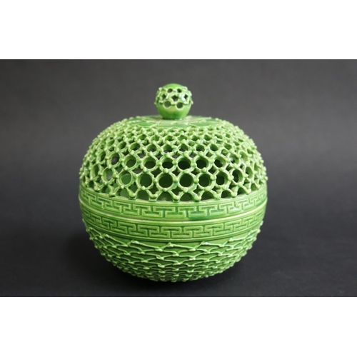 334 - Reticulated Oriental green porcelain lidded pot with closed base, approx 14cm H x 13cm Dia