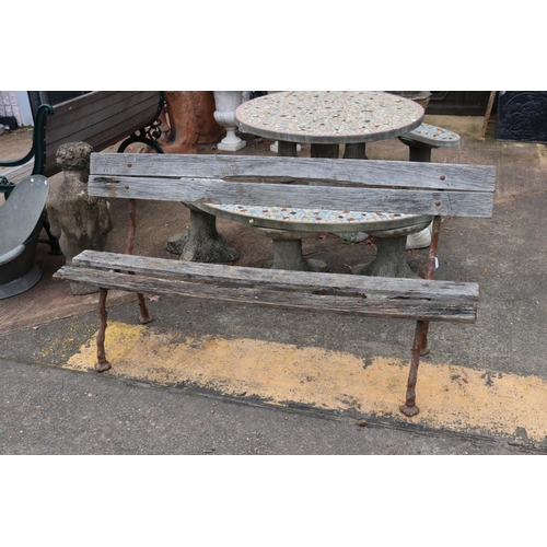 346 - Antique French garden bench with iron ends & wooden slats, approx 172cm W