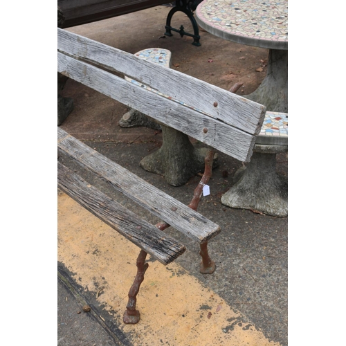 346 - Antique French garden bench with iron ends & wooden slats, approx 172cm W