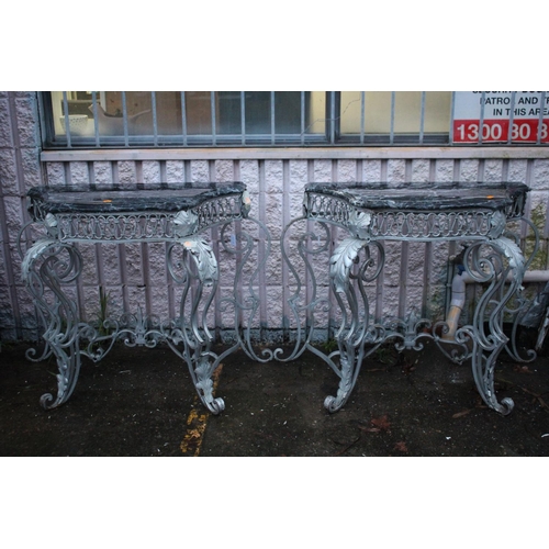 347 - Pair of French wrought iron framed consoles with black and white marble tops, each approx 76cm H x 1... 