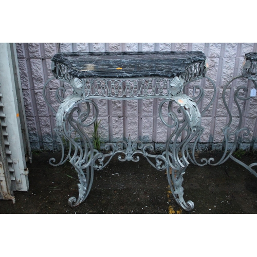 347 - Pair of French wrought iron framed consoles with black and white marble tops, each approx 76cm H x 1... 