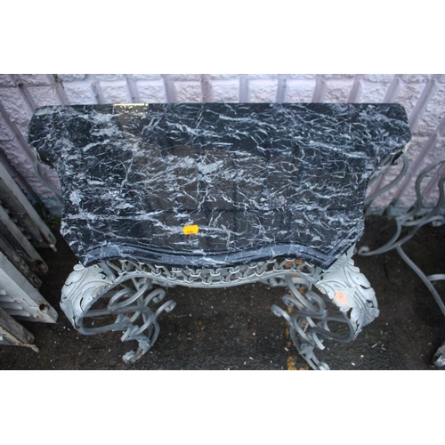 347 - Pair of French wrought iron framed consoles with black and white marble tops, each approx 76cm H x 1... 