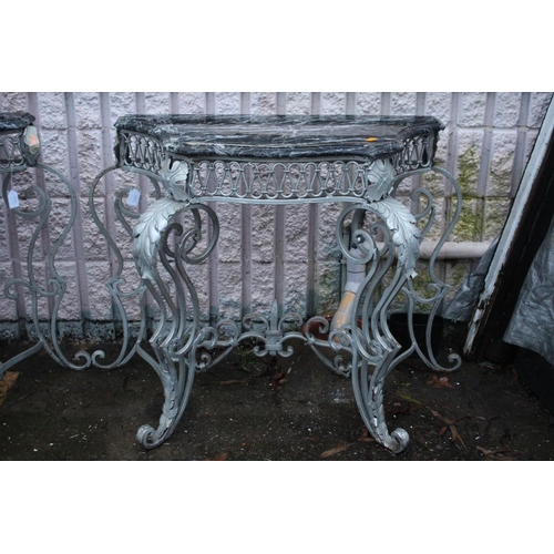 347 - Pair of French wrought iron framed consoles with black and white marble tops, each approx 76cm H x 1... 